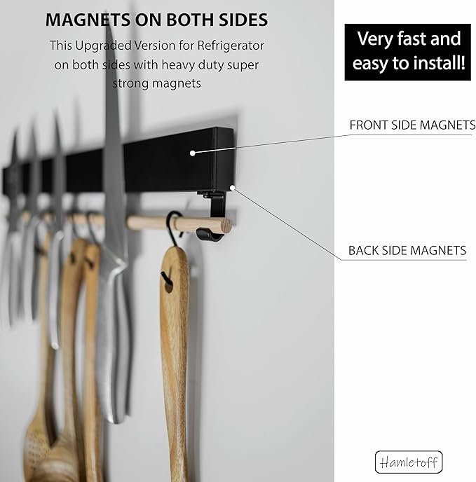 Premium Magnetic Knife Holder for Refrigerator with Hooks – 16 Inch Professional Double Sided Black Magnetic Knife Strip and utensil hanger for Fridge-Stainless Steel Magnet Knife Bar Wall