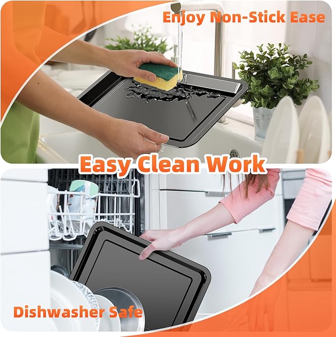 Air Fryer Basket, 2 Set Oven Air Fryer Basket and Tray with 60 PCS Parchment Papers, DEGOVIN Crisper Tray Non-stick Stainless Steel Air Fry Pans for Convection Oven(14.88"×10.98"& 13"× 9.7"-Black)