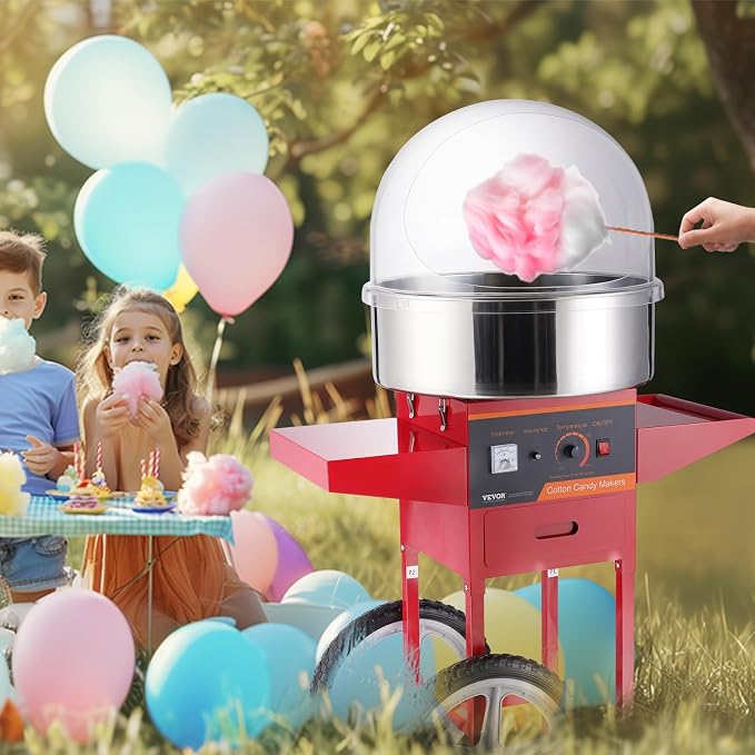 VEVOR Electric Cotton Candy Machine Cart with Cover, Commercial Floss Maker w/Stainless Steel Bowl, Sugar Scoop and Drawer, Perfect for Home, Carnival, Kids Birthday, Family Party, Red