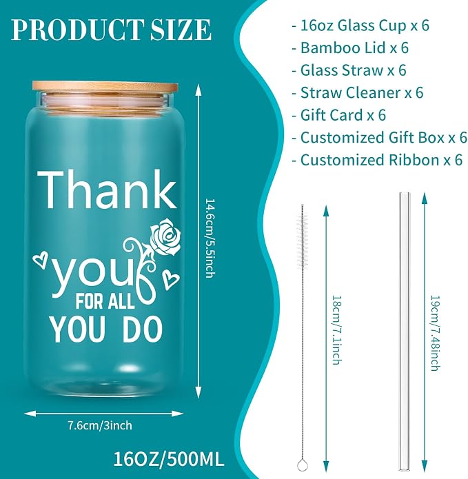 6 Set Employee Appreciation Gifts Bulk, OLSUNOR Personalized Inspirational Thank You Gifts for Graduation Season Coworker 16 oz Can Shaped Beer Glass Cups, Gift Box and Card for Team Women Men Teacher