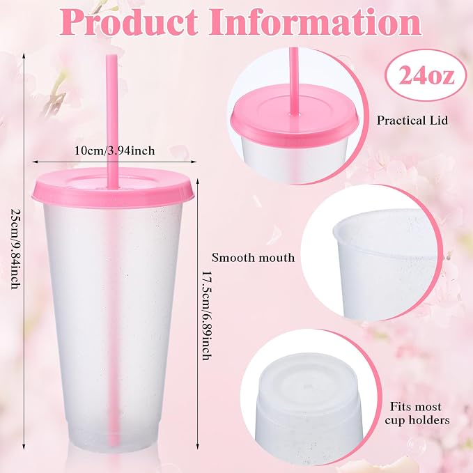 Honeydak 60 Pack Tumbler with Straw and Lid Cups for Gifts Glitter Plastic Coffee Cups 24-27 oz Water Bottle Iced Coffee Travel Mug Party Favors for Birthdays Travel (Clear and Pink)