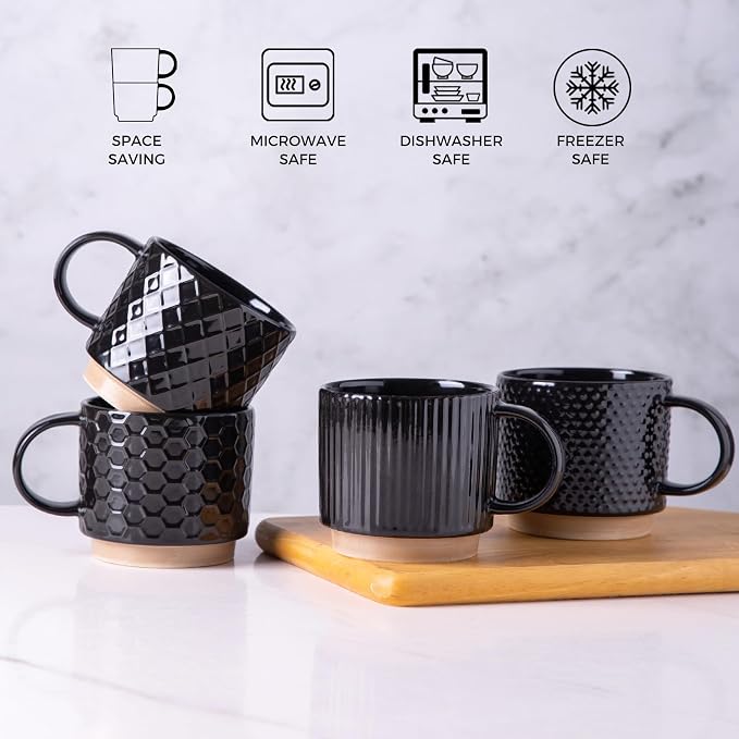 GBhome 12OZ Stackable Coffee Mugs Set of 6, Ceramic Coffee Mugs with Texture Patterns for Man,Woman,Dad,Mom, Modern Coffee Cups for Latte/Cappuccino/Cocoa. Dishwasher&Microwave Safe, Black