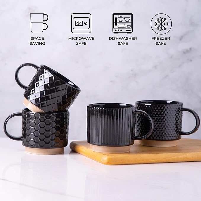 GBhome 12OZ Stackable Coffee Mugs with Stand, Ceramic Coffee Mugs with Texture Patterns for Man,Woman,Dad,Mom, Modern Coffee Cups Set of 4 for Latte/Cappuccino/Cocoa. Dishwasher&Microwave Safe,Black