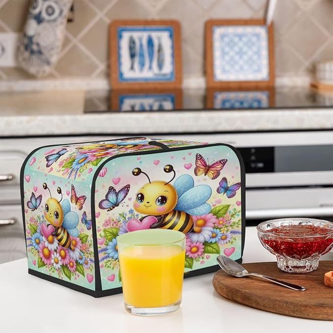 Cute Bee Spring 4 Slice Toaster Cover Dust And Fingerprint Bread Maker Cover Bakeware Protector Washable Appliance Covers Kitchen Accessories For Home Kitchen Women Gift
