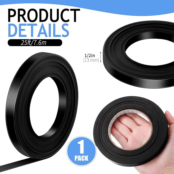 Tellegloww Black Magnetic Tape Roll Thin Strips, 1/2 Inch X 25 feet Magnetic Board Dividers Whiteboard Graphic Decorative Tape Marking Line for Classroom Office Art Accessories