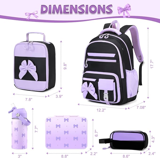DIGOBAY 5PCS Girls Backpack - Includes 14oz Insulated Water Bottle & Bento Box for kids, Girls School Backpack Set with Lunch Bag & Pencil Case, Girls Teens for Elementary Preschool Middle School