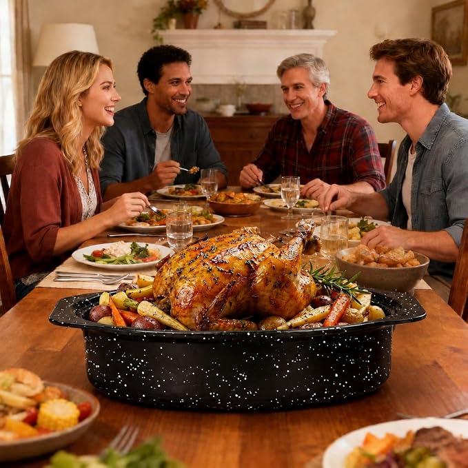 13 Inch Enamel Roasting Pan with Lid & Rack, Oven & Dishwasher Safe Turkey Roaster, 932°F Heat Resistant, Includes Silicone Handles & Cleaning Sponges