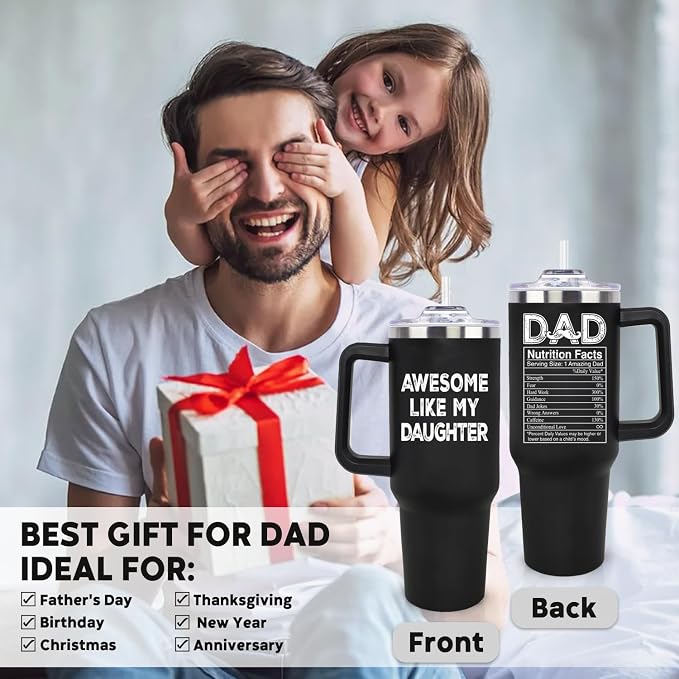 LHSCVUFASC Birthday Gifts for Dad from Daughter, Father's Day Christmas Gift for Dads Husband Men, Awesome Like My Daughter Cup, 40oz Stainless Steel Tumbler with Handle and Straw Lid