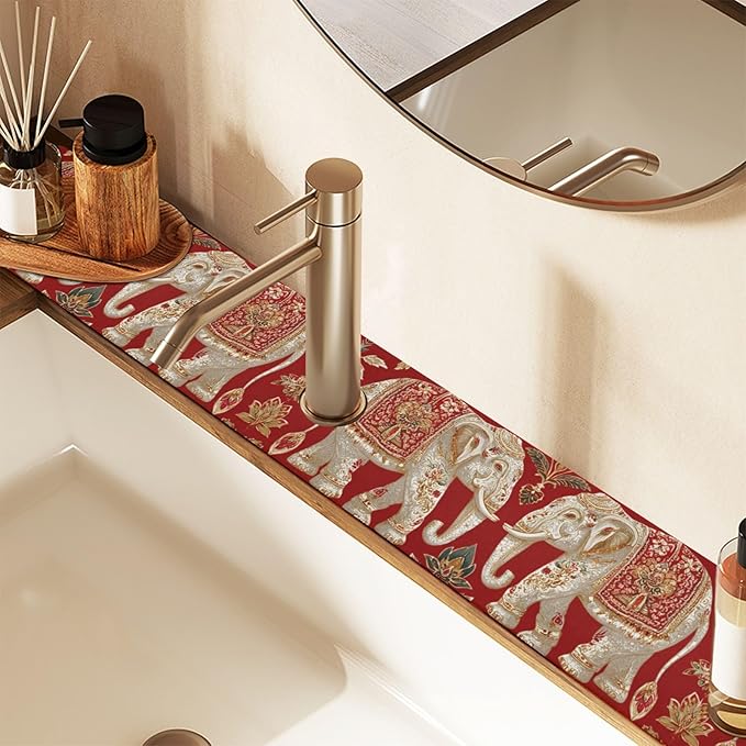 Kitchen Sink Splash Guard 1 PC 30 Inch Sink Faucet Mat Splash Guard for Bathroom Countertop Water Absorbent Foldable Cuttable Soft Washable Red Retro Elephant Flowers