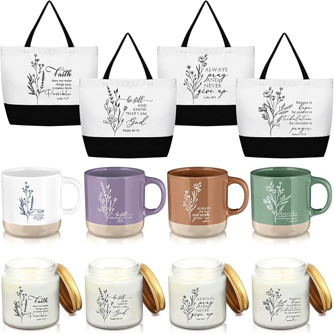 LemonRoad 12 Pcs Christian Gift for Women Inspirational Large Handle Bag Ceramic Coffee Mug Religious Scented Candle Boho Flower Bible Design Religious Gift for Sister in Christ Friend