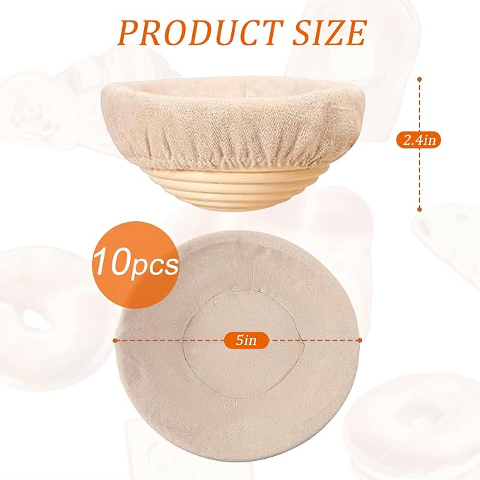 10 Pack Round Banneton Proofing Basket Set 5 Inch, Natural Rattan Sourdough Bread Baskets with Linen Liners, Mini Dough Baking Bowls for Artisan & Home Bakers (5" Round, Set of 10)