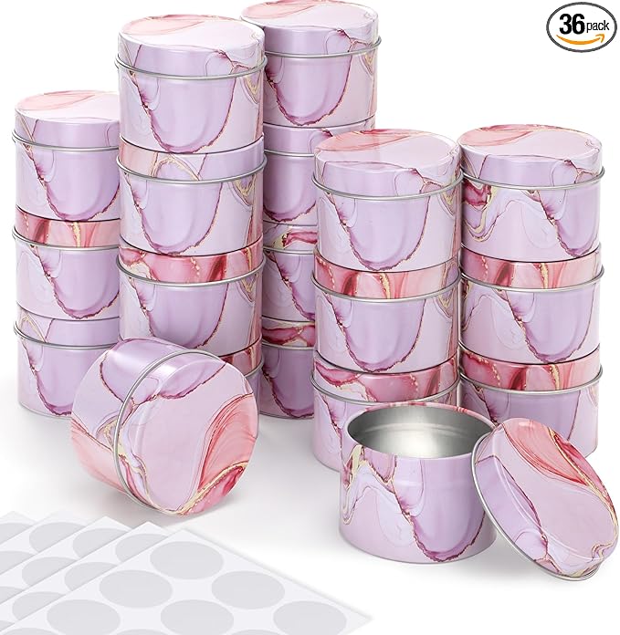 Patelai 2.5 oz Purple Metal Round Tins Aluminum Tin Cans Salve Tins Containers with Screw Lid 10 Sheets Stickers for Salve Spice Candies Balms Candles, 36 Pack (Elegant Style)
