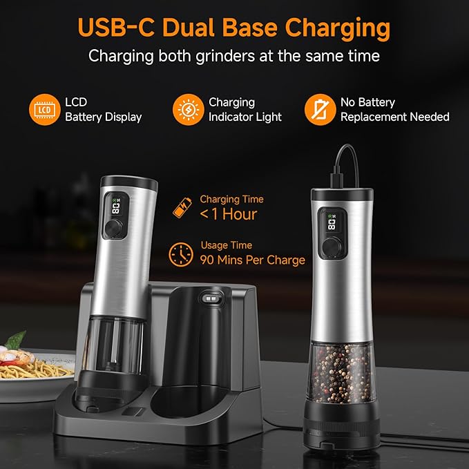 Electric Salt and Pepper Grinder Set,2 Pack Rechargeable Automatic Pepper Mill,with Charging Base,5 Level,Display,LED Lighting,Large Capacity,Kitchen Gift (2, Stainless steel, Charging Base)