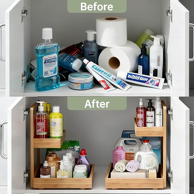 Bamboo Undersink Organizer Storage - 2-Tier Cabinet Shelf with Adjustable Levels, Under Sink Storage Slide Out for Cabinet Pantry Kitchen Bathroom (Natural, 2 Packs)