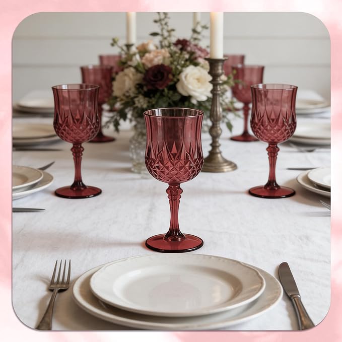 7OZ Plastic Wine Glasses, Reusable Vintage Goblets Unbreakable Drinking Glasses Crystal Water Cups Champagne for Wedding, Parties (24, Burgundy)
