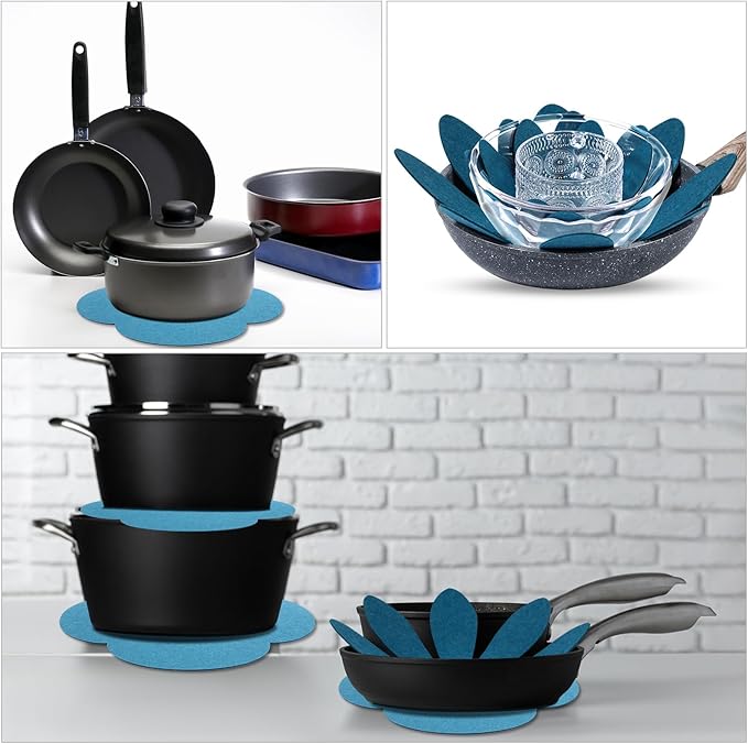 Queekay 36 Pcs Felt Pot Pan Protectors Dish Dividers Separators Bakeware Cookware Scratch Protectors Different Sizes, Thicker Pan Pads for Stacking Cookware Organizing Protecting(Gray Blue)