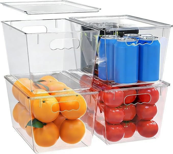 YAN & HIN 4 pcs/set Large Clear Storage Bins with Lids - Stackable, Transparent Pantry Storage with Handles - Nest Nicely for Clutter Organizer (11 "L x 7.5" W x 6.1 "H)