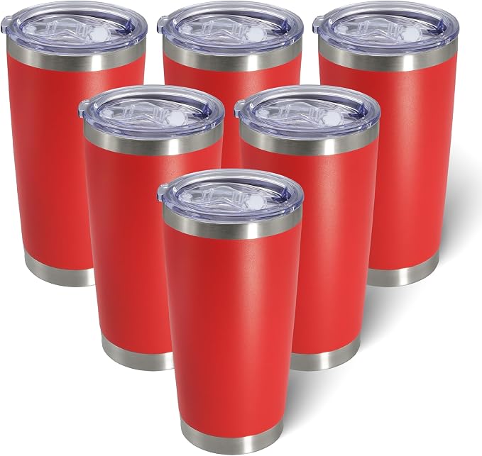 AIANJI 20oz Tumbler Bulk Stainless Steel Tumblers with Lid Vacuum Insulated Double Wall Travel Coffee Mug Powder Coated Tumbler Cup for Hot and Cold Drinks(Red, 6 pack)