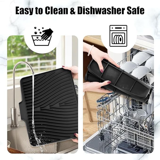 TIKNIK Silicone Dish Drying Mat, Stone Drying Mat for Kitchen Counter with Built-In Drain, Non-Slip Drain Pad with Built-in Drain, Heat Resistant Stone Drying Mat, Hangable, Black-2pcs, 16" x 12"