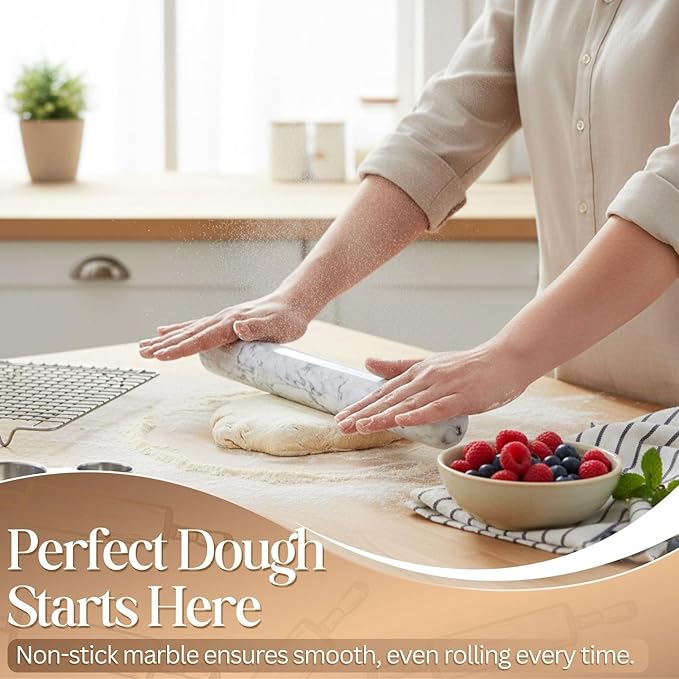 Flexzion French Rolling Pin, 12 Inch White Marble Rolling Pins for Baking with Wooden Base Holder Stand - Non-Stick Baking Roller for Baking Fondant, Crust, Pastry, Cookies, Pizza, Pasta