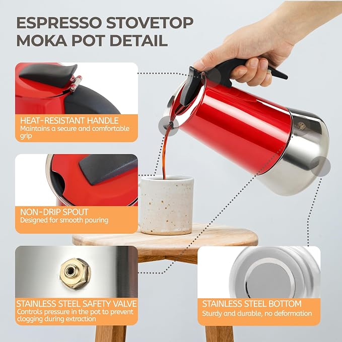 6 Cup 300ml Moka Pot Stainless Steel Espresso Coffee Maker Stovetop Coffeemaker Italian Classic Style Brewing Greca Cafe Mocha Machine for Cafeteras Lover Camping Travel and Home Use 10oz