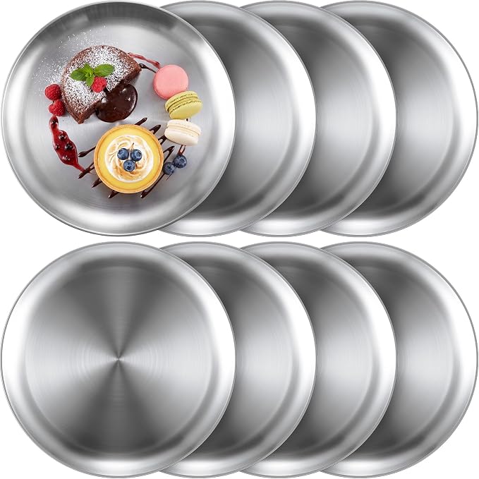 Thenshop 8 Pieces 5.5 Inch Stainless Steel Mini Baking Pans, Small Round Serving Trays, Reusable Metal Plates for Toaster Oven, Mini Pizza, Cookies, Appetizers, Desserts, Camping, Restaurant Kitchen