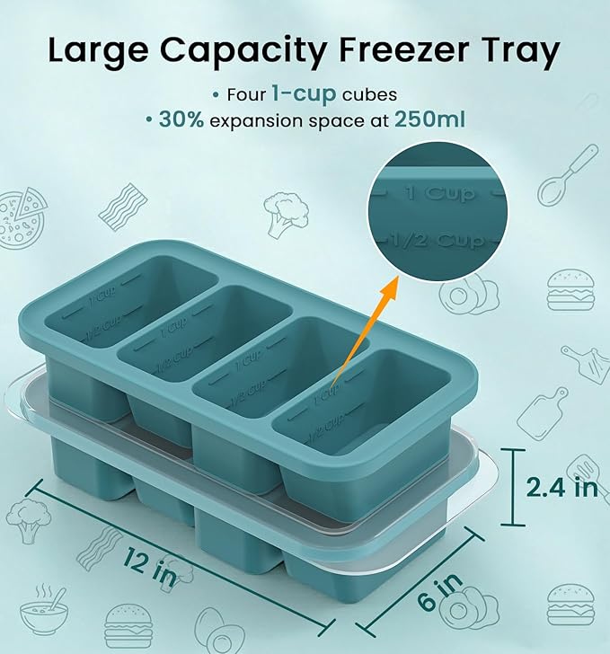 DOQAUS Silicone Freezer Molds, Reinforced Steel Frame 1 Cup Ice Cube Trays with Lid, 2 Pack 4-Cavity BPA-Free Soup Containers for Meal Prep, Kitchen