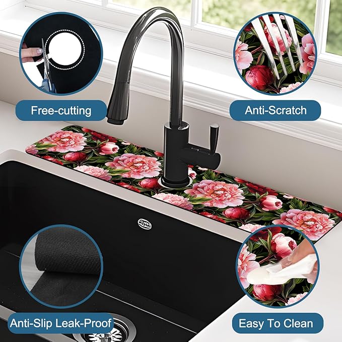 Blooming Peony Sink Splash Guard Pink Peony Flowers Faucet Absorbing Mat Fast Drying Mat Sink Gadgets Splash Guard Behind Faucet Drip Catcher for Kitchen Bathroom, 23.5"x5.5"