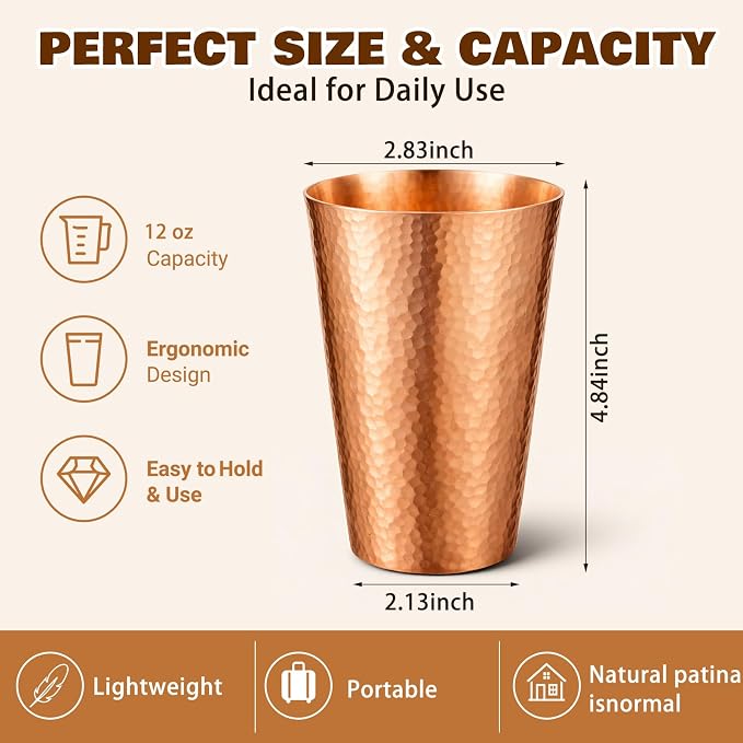 Willinglong 1 Pcs 100% Pure Copper Tumblers 12 oz Handcrafted Hammered Copper Cups, Ayurvedic Drinking Vessel for Family Health Water, Cocktails, Iced Tea Glasses (Threaded)