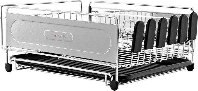 Eyely HSD1000A Compact 17.25" Stainless Steel Rust-Proof Dish Drying Rack with Removable Tray, Removable Utensil Holder, and Wine Glass Holder, Stainless Steel/Black, Silver/Black