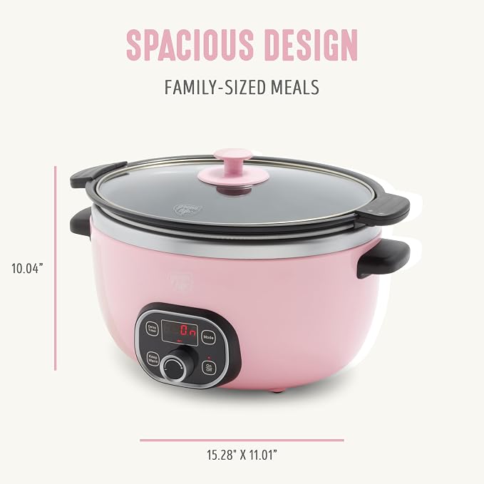 GreenLife 6QT Slow Cooker, Non-Toxic PFAS-Free Ceramic Nonstick Removable Interior Bowl, Programmable, Family Friendly, Keep Warm, Stovetop & Oven Safe, Dishwasher Safe Crock, Timer, Glass Lid, Pink