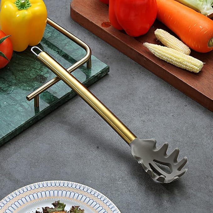 Gold Spaghetti Spoon, Berglander Non-stick Silicone Pasta Server With Titanium Gold Plating Handle, Spaghetti Server For Cooking, Pasta Fork, Noddle Fork, Dishwasher Safe, Easy to Clean