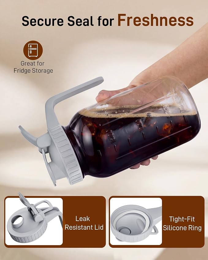 OneDream Cold Brew Coffee Maker - 2 Quart 64oz Stainless Steel Filter Cold Brew Pitcher Jar, No Leaks Cold Brew Mason Jar Coffee Maker, Easy to Clean Cold Coffee Maker