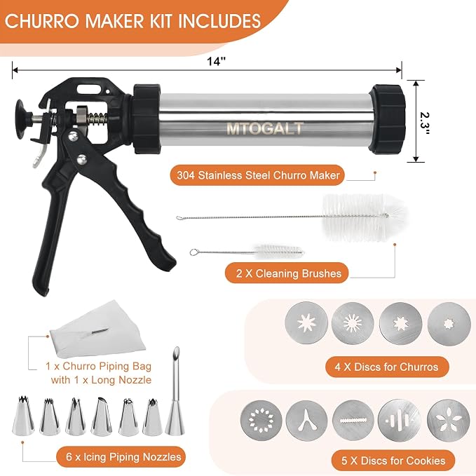 21-Piece Cookie Press Set & Churro Maker Machine – Stainless Steel Baking Gun for Spritz Cookies, Hollow Churros, and Pastry – Includes 6 Nozzles, 9 Discs, Piping Bag, and 2 Brushes