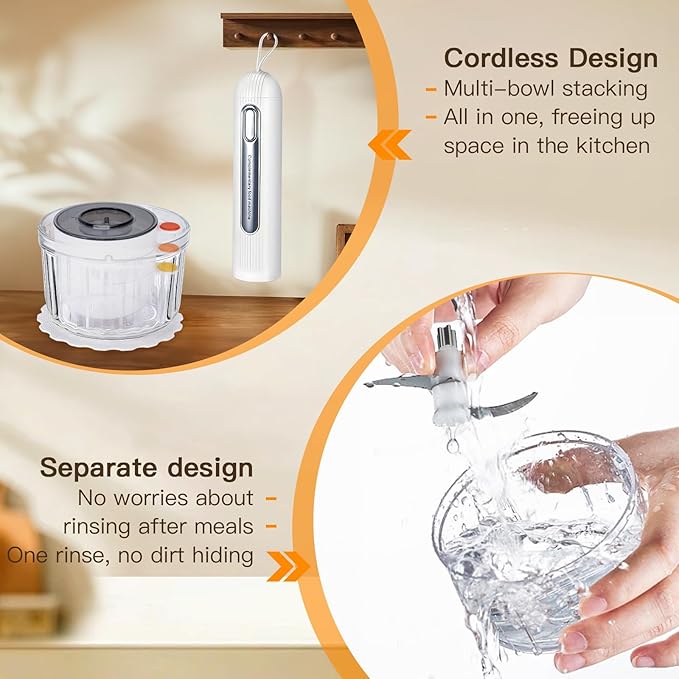 Glass Food Processor Small, USB Charging Wireless Electric Meat Grinder with 4 Blades & 4 Bowls (1x8 Cup+3x0.5 Cup), Mini Chopper Food Processor for Home Use, Onion, Garlic, Ginger, Baby Food