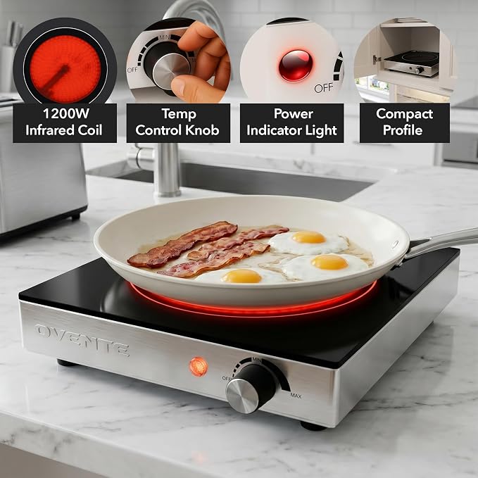 OVENTE Infrared Ceramic Single Burner, 1200W Electric Countertop Hot Plate with Black Crystalline Glass, Portable Stainless Steel Cooktop for Home, Office, or Dorm Use, Black BGI301GB