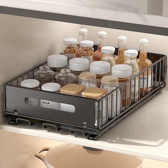 PureBox Pull Out Cabinet Organizer, Slide Out drawers for cabinets, Heavy Duty Carbon Steel Roll Out Shelves for kitchen, bathroom, pantry (14.7’’-23.1’’ Slide, Adhesive & Screw), Black (1)
