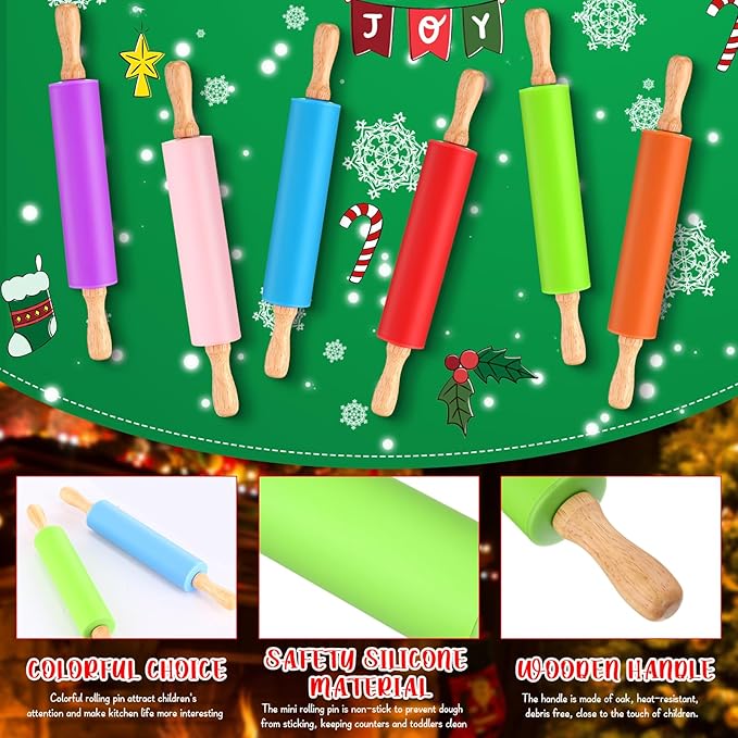 Dandat 6 Pcs Small Rolling Pin Kids 12 Inch Mini Silicone Rolling Pin for Baking Non Stick Kids Dough Roller with Wooden Handle for Kitchen Cookie Pastry Fondant Cake 6 Colors
