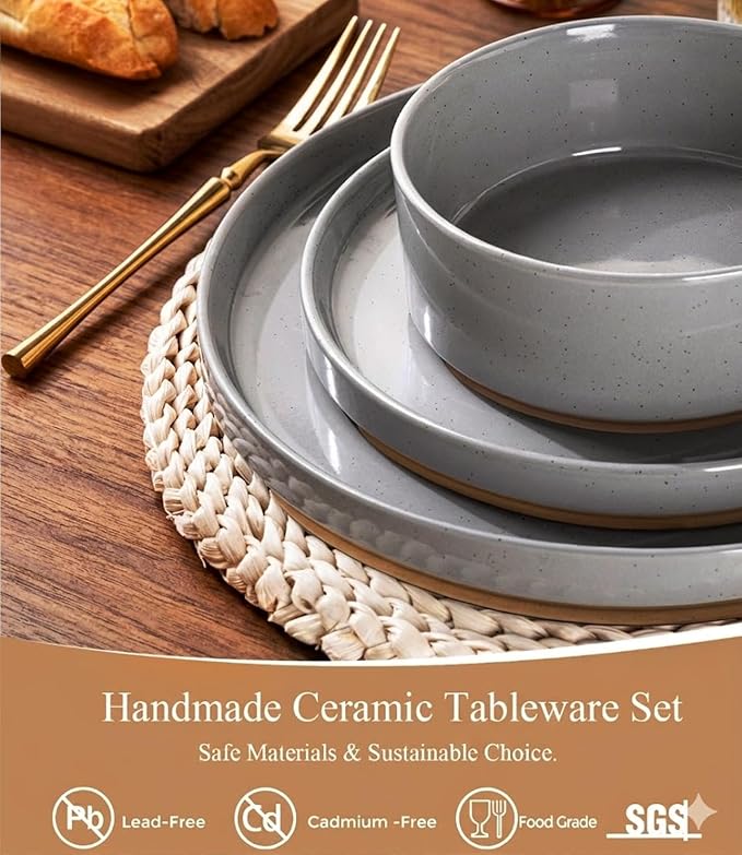 AmorArc Ceramic Dinnerware Set for 4 | Speckled Stoneware Plates and Bowls with unglazed terracotta | Scratch Resistant, Dishwasher & Microwave Safe Dishes Sets- 12-Pcs Gray