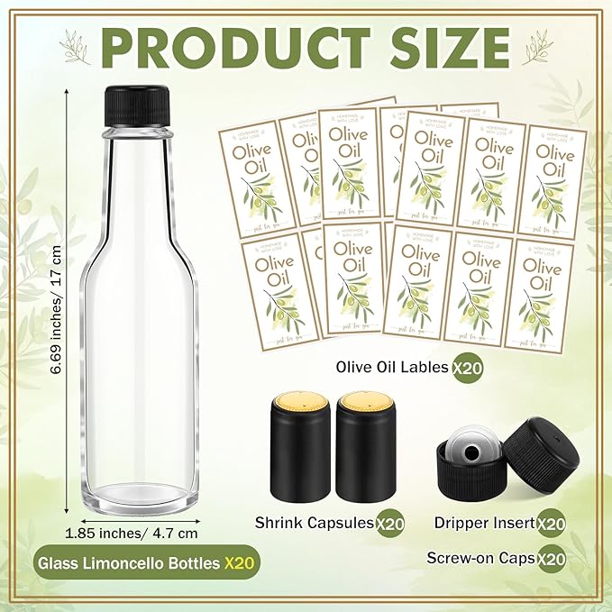 Havawish 20 Pcs 5oz Homemade Mini Olive Oil Bottles Hot Sauce Glass Bottles with Leak Proof Screw Cap Funnel Clear Bottle for Storing Homemade Olive Oil Wedding Baby Shower Gifts (Clear)
