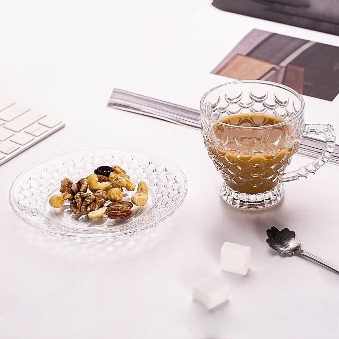 Glass Tea Cups and Saucers Set of 6 - Fish Scale Coffee Mugs - Teacups Set for Espresso Cappuccino Latte Tea - Dishwasher Microwave Safe (7OZ / 210ML)