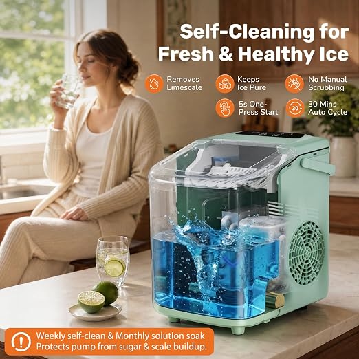 Sweetcrispy Countertop Ice Maker with Scoop, Basket and Handle, Portable Ice Machine 9 Cubes Ready in 6 Mins, 26.5lbs in 24Hrs, 2 Sizes for Home Kitchen Office Bar Party