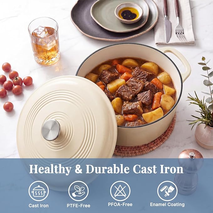 DUMOS Cast Iron Dutch Oven, 6 Quart Pot with Lid, Enameled Heavy Duty Cookware, Oven Safe to 500°F, Perfect for Bread Baking, Stews and Roasting, Moisture Sealing Lid with Dual Handles, Beige