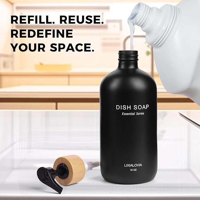 Dish and Hand Soap Dispenser Set with Tray, 16OZ Refillable Glass Bottles and Wood Pump, Double Bottle Countertop Organizer for Kitchen and Bathroom (White/Black)