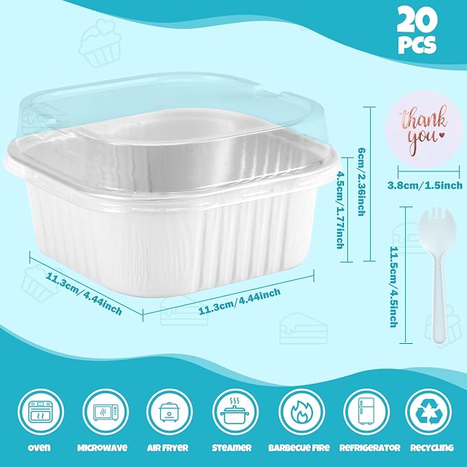 20 Pack 10oz Mini Cake Pans With Lids, Aluminum Foil Square Brownie Baking Cups,Disposable 4”x4” Large Cupcake Pan,Jumbo Muffin Tin Ramekins Holders-White