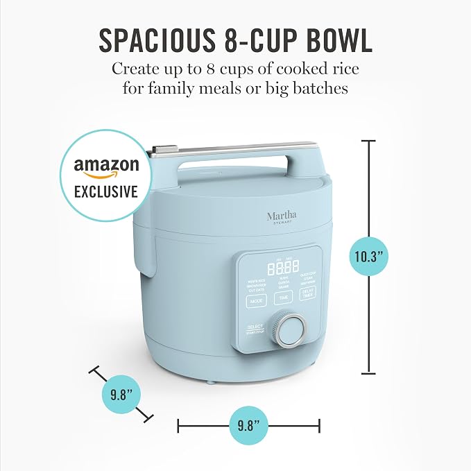 Martha Stewart Rice Cooker, 4 Cup (Uncooked) / 8 Cup (Cooked), Ceramic Non-Stick Removable Pot, Keep Warm, Measure Markings, Steam Basket, Brown & Sushi Rice, Quick Cook, Quinoa, Grains, Oats, Sky Blue