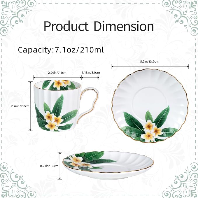 KAMMAK Tea Cups and Saucers Set of 2, Porcelain Coffee Cups, Stackable Espresso Mugs, Ceramic Demitasse for Coffee, Cappuccino, Latte, Americano, Tea, Green Leaf Frangipani