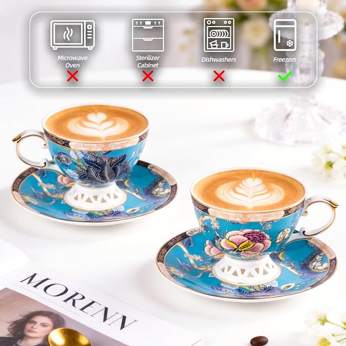 KAMMAK Tea Cups and Saucers Set of 2, Fine Bone China Coffee Cups, Stackable Espresso Mugs, Ceramic Demitasse for Coffee, Cappuccino, Latte, Americano, Tea, Jade