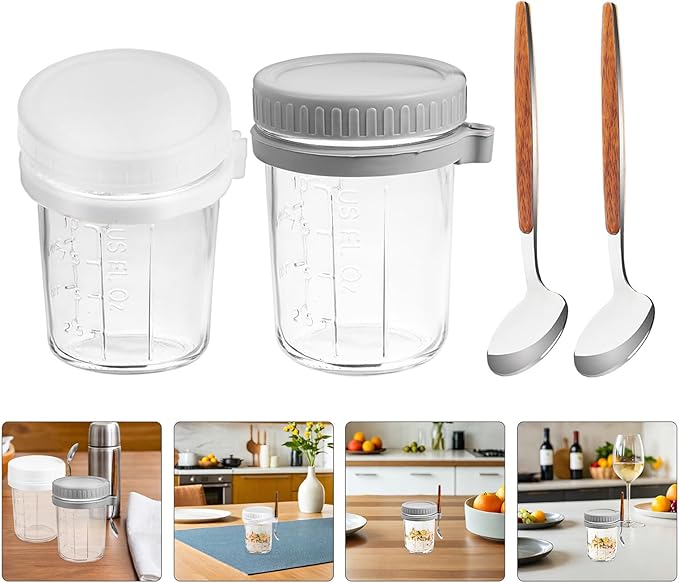 4pcs Glass Breakfast Cups for Overnight Oats and Yogurt with Lids and Spoons, 350ml Airtight Reusable Glass Jars for Meal Prep, Milk and Cereal Storage Bowls for Kitchen