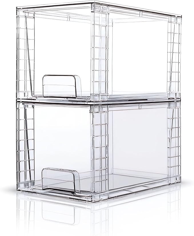 Medium Clear Stackable Storage Drawers (2 Pack), High-strength Acrylic Organizer Bins with Handles, Plastic Drawers for Fridge Bathroom Cabinet Closet Undersink Pantry Kitchen Makeup Storage
